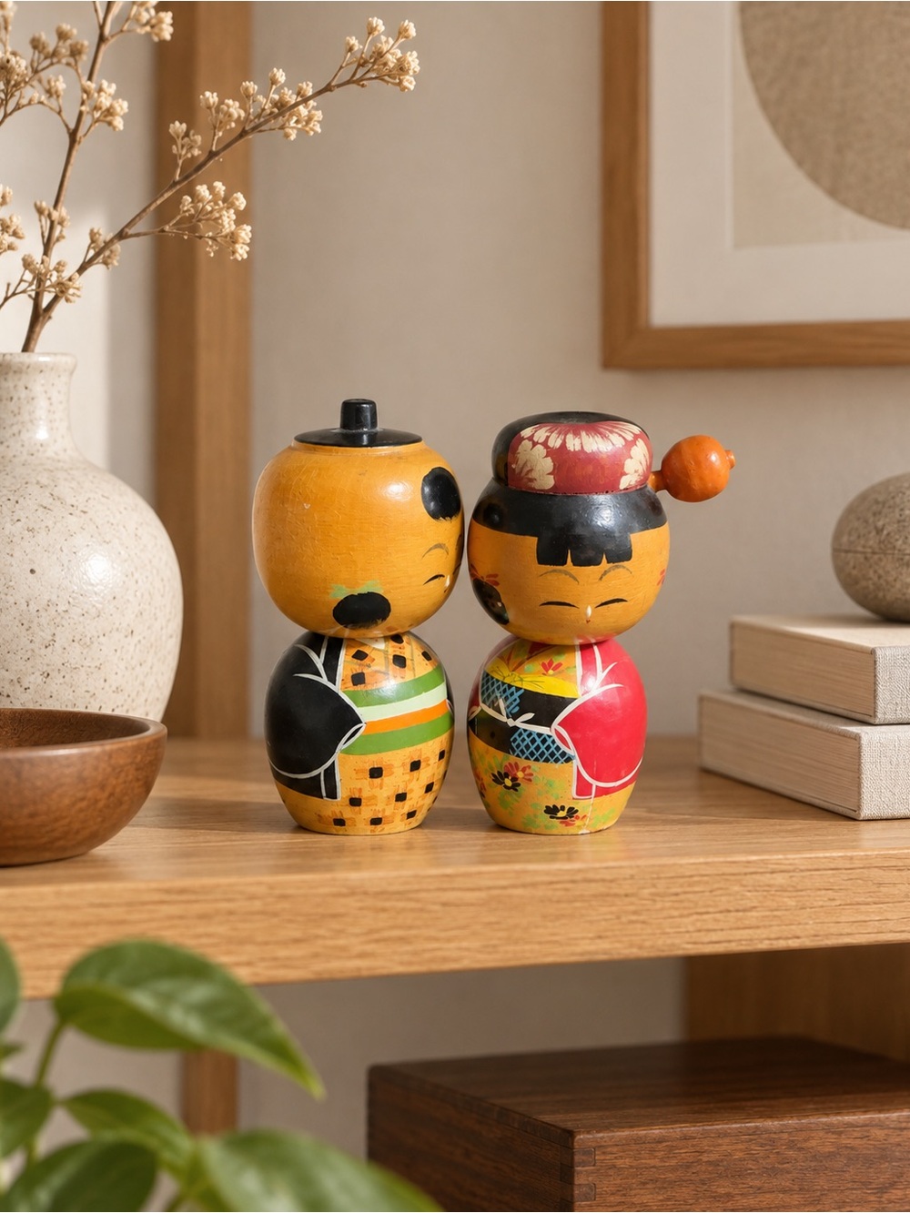 Vintage Japanese Kokeshi Dolls Pair Hand Painted Wood Made in Japan 4.5”